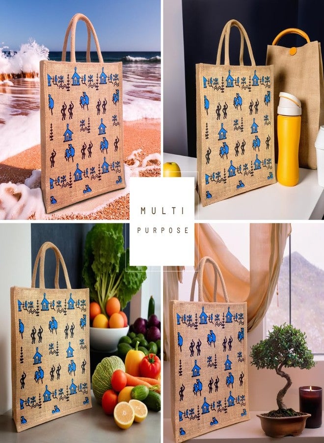 Mispacio Jute Lunch Bag with Tribal Print | Strong Zipper Closure, Eco-Friendly Blue & Black Tote for Office, School, Picnic, Shopping & Travel | Large Tiffin Bag | 12" x 14" x 5" | Pack of 1 - Image 5